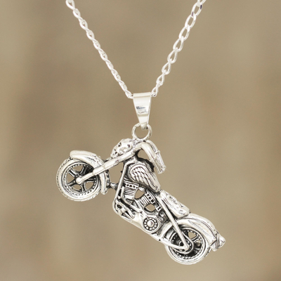Men's sterling silver pendant necklace, 'Easy Rider' - Men's Sterling Silver Motorcycle Pendant Necklace from India