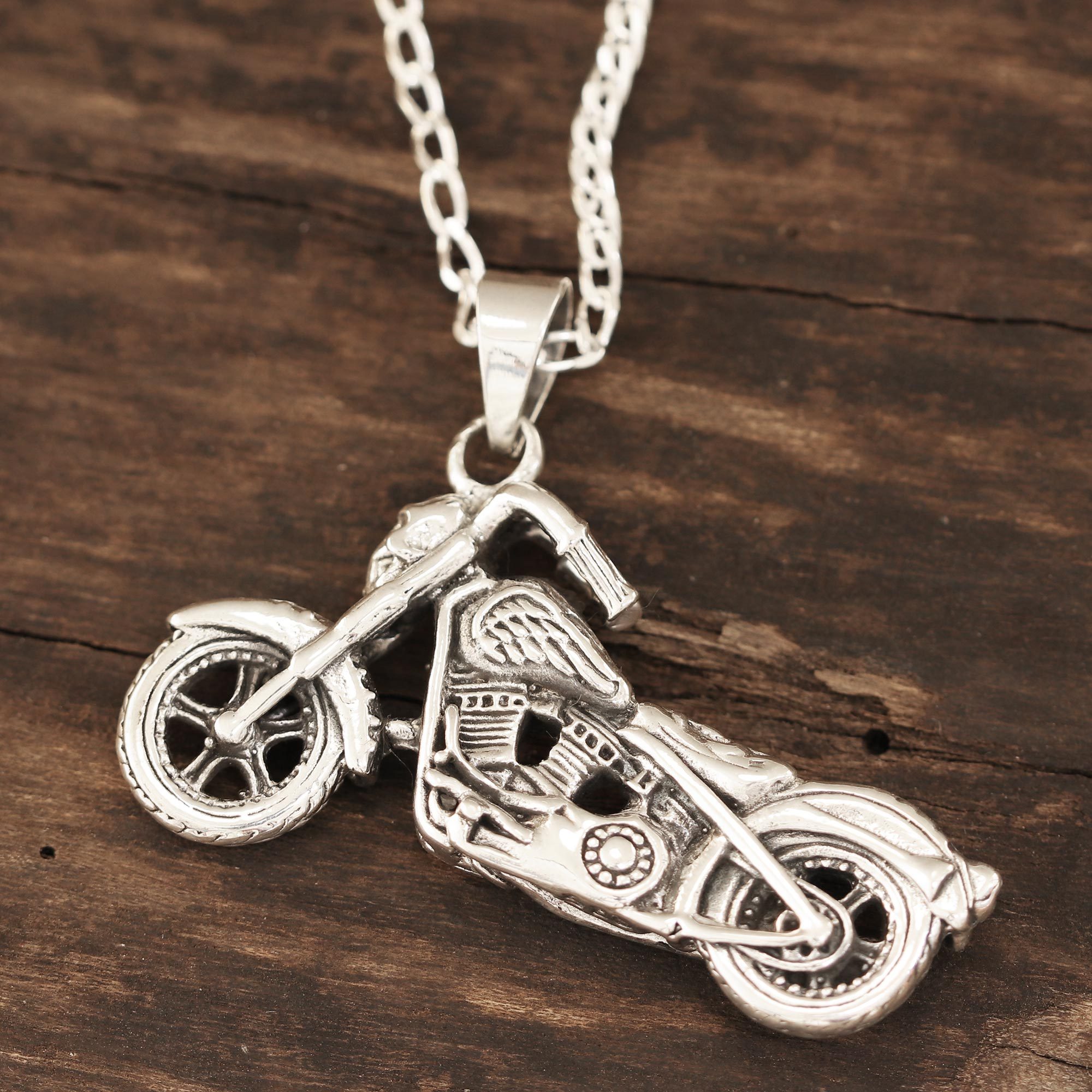 Men's Sterling Silver Motorcycle Pendant Necklace from India Easy