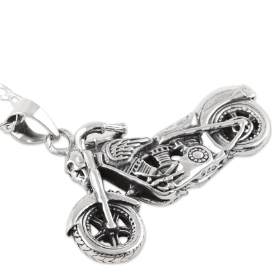 Men's sterling silver pendant necklace, 'Easy Rider' - Men's Sterling Silver Motorcycle Pendant Necklace from India