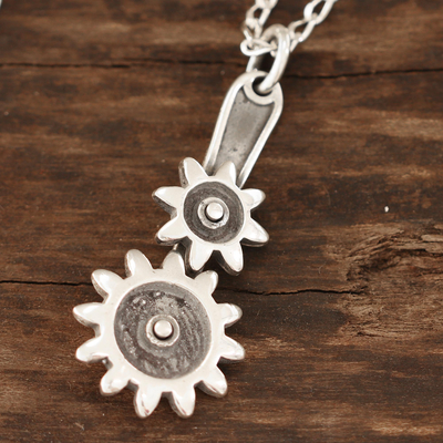 Men's sterling silver pendant necklace, 'Interlocked Gears' - Men's Sterling Silver Gear Pendant Necklace from India