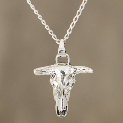 Men's sterling silver pendant necklace, 'Daring Bull' - Sterling Silver Bull Skull Pendant Necklace from India