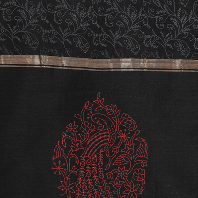 Cotton and silk blend scarf, 'Ash Garden' - Handwoven Cotton and Silk Blend Scarf in Black and Ash