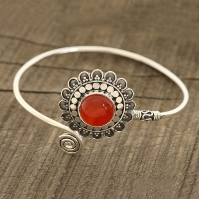 Carnelian cuff bracelet, 'Floral Dusk' - Floral Carnelian Cuff Bracelet Crafted in India