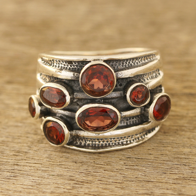 Garnet cocktail ring, 'Scarlet Passion' - Faceted Garnet Cocktail Ring from India