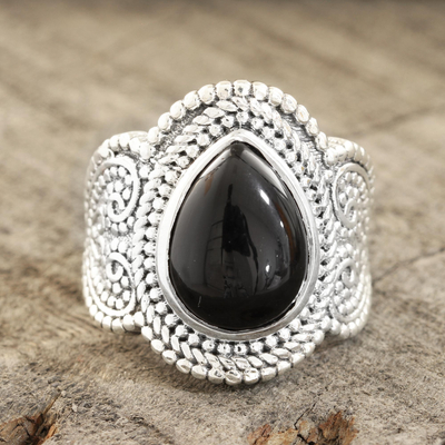 Onyx cocktail ring, 'Midnight Pattern' - Patterned Teardrop Onyx Cocktail Ring from India
