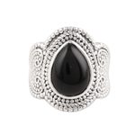 Onyx cocktail ring, 'Midnight Pattern' - Patterned Teardrop Onyx Cocktail Ring from India