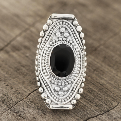 Onyx cocktail ring, 'Midnight Style' - Patterned Onyx Cocktail Ring from India