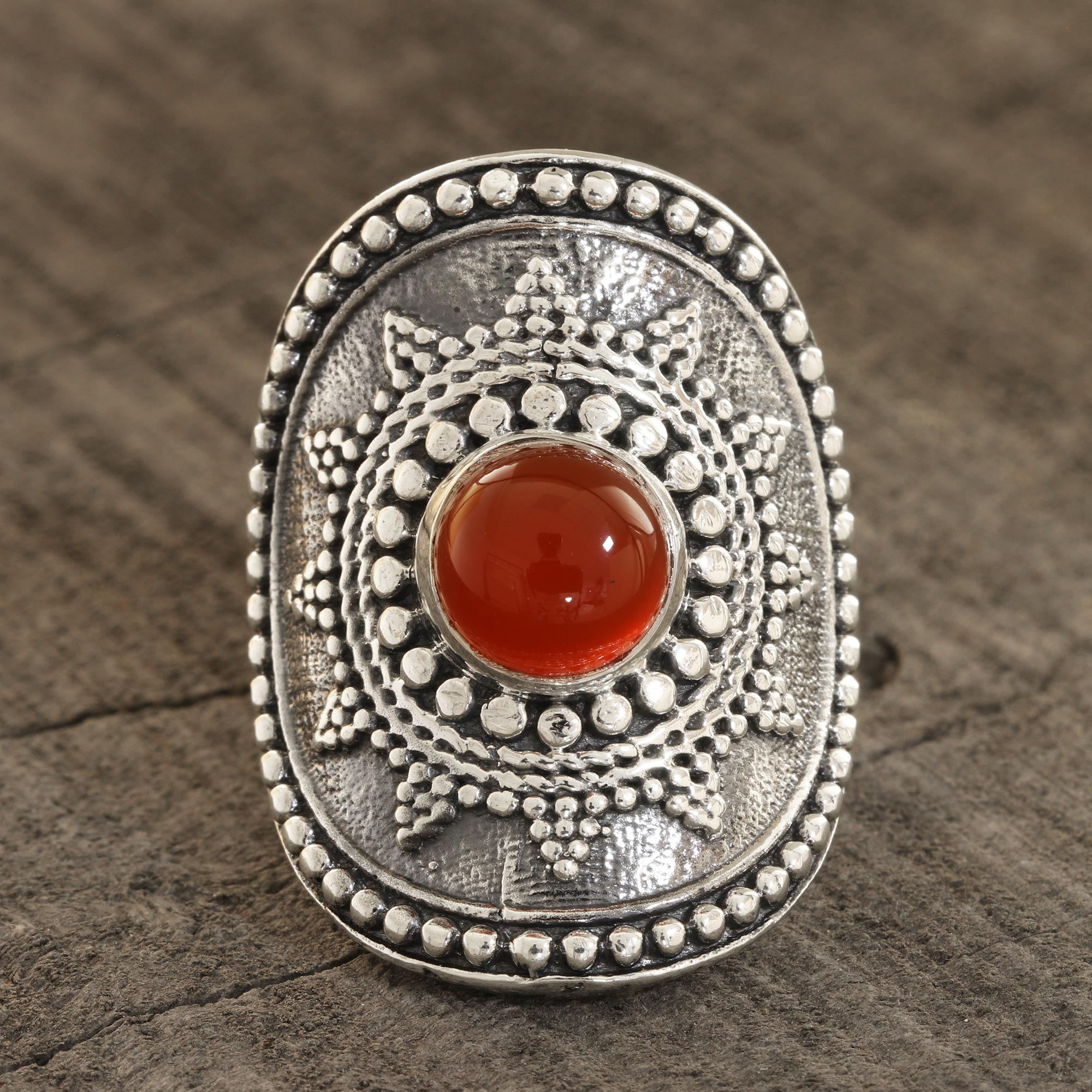 Silver Rings Carnelian rope edge flower three circles oval 925 sterling silver jewelry rings