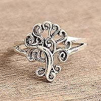 Tree-Themed Sterling Silver Band Ring from India,'Curling Tree'