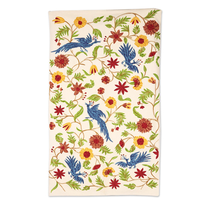 Chain stitch wool area rug, 'Nature's Magnificence' (3x5) - Bird and Floral pattern Wool Area Rug from India (3x5)
