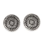 Sterling silver button earrings, 'Beatific Swirls' - Swirl Pattern Sterling Silver Button Earrings from India