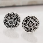 Sterling silver button earrings, 'Beatific Swirls' - Swirl Pattern Sterling Silver Button Earrings from India
