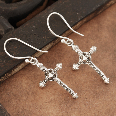 Sterling silver dangle earrings, 'Faithful Dazzle' - Sterling Silver Cross Dangle Earrings from India