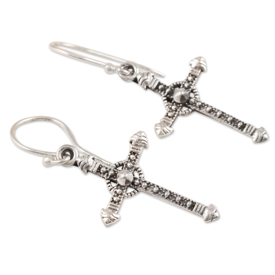 Sterling silver dangle earrings, 'Faithful Dazzle' - Sterling Silver Cross Dangle Earrings from India