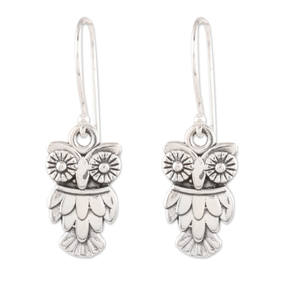 Sterling silver dangle earrings, 'Night Vision' - Sterling Silver Owl Dangle Earrings from India