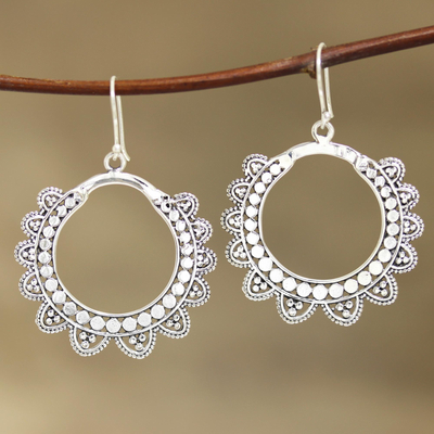 Sterling silver dangle earrings, 'Glamorous Petals' - Petal Pattern Sterling Silver Dangle Earrings from India