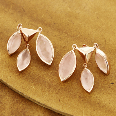 Rose gold plated rose quartz chandelier earrings, 'Rosy Princess' - Rose Gold Plated Rose Quartz Chandelier Earrings from India