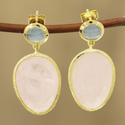 Gold plated rose quartz and chalcedony dangle earrings, 'Sparkling Muse' - Gold Plated Rose Quartz and Chalcedony Dangle Earrings