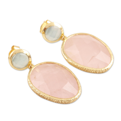 Gold plated rose quartz and chalcedony dangle earrings, 'Sparkling Muse' - Gold Plated Rose Quartz and Chalcedony Dangle Earrings