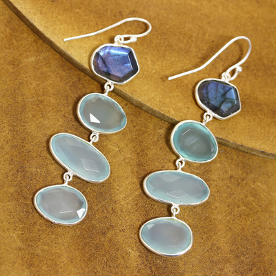Chalcedony and labradorite dangle earrings, 'Fantastic Mist' - 38-Carat Blue Chalcedony and Labradorite Dangle Earrings