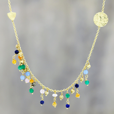 Gold plated multi-gemstone waterfall necklace, 'Rainbow Drizzle' - Gold Plated Multi-Gemstone Waterfall Necklace from India