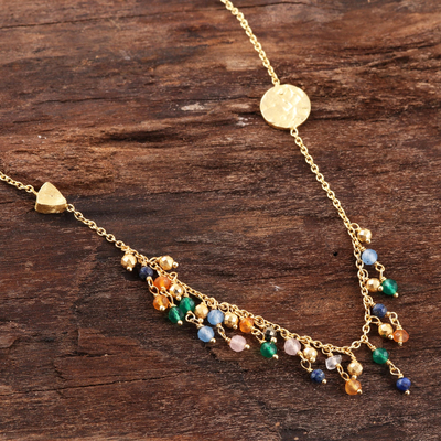 Vergoldete Wasserfall-Halskette mit mehreren Edelsteinen, 'Rainbow Drizzle' (Regenbogen-Nieselregen) - Vergoldete Multi-Edelstein-Wasserfallkette aus Indien