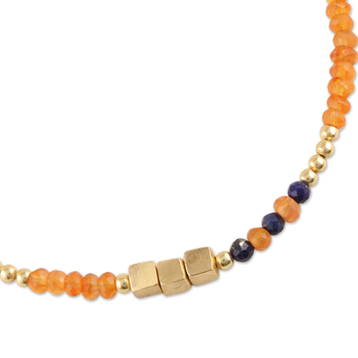 Gold plated onyx and lapis lazuli beaded bracelet, 'Dainty Harmony' - Gold Plated Orange Onyx and Lapis Lazuli Beaded Bracelet