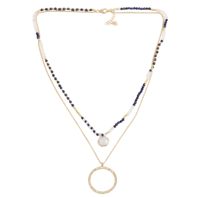 Gold plated rainbow moonstone and lapis lazuli pendant necklace, 'Dual Charm' - Double-Pendant Rainbow Moonstone and Lapis Lazuli Necklace
