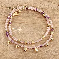 Gold Accented Rose Quartz and Amethyst Beaded Wrap Bracelet,'Fantastic Passion'