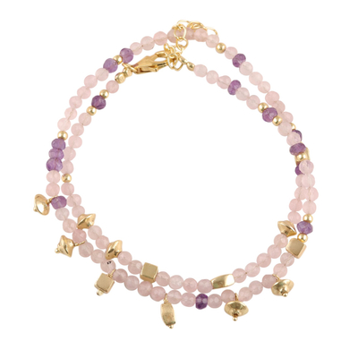 Gold accented rose quartz wrap bracelet, 'Fantastic Passion' - Gold Accented Rose Quartz and Amethyst Beaded Wrap Bracelet