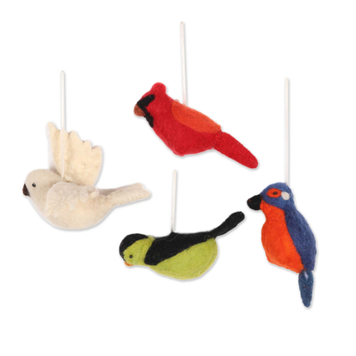 Assorted Wool Felt Bird Ornaments from India (Set of 4)