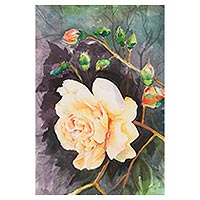 „Rosenblüte“ – signiertes realistisches Gemälde einer Rosenblume aus Indien