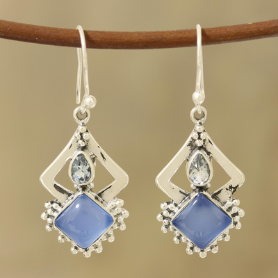 Chalcedony and blue topaz dangle earrings, Blue Creativity