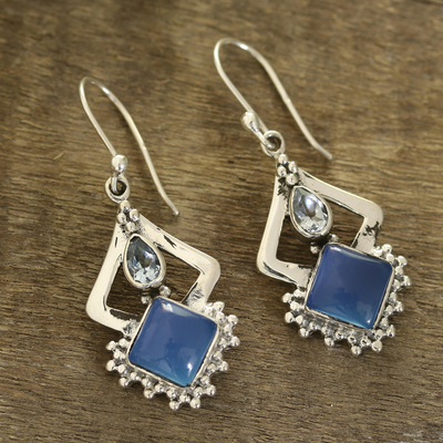 Chalcedony and blue topaz dangle earrings, 'Blue Creativity' - Chalcedony and Blue Topaz Dangle Earrings from India