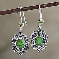 Peridot dangle earrings, 'Fascinating Harmony' - Peridot and Oval Composite Turquoise Dangle Earrings