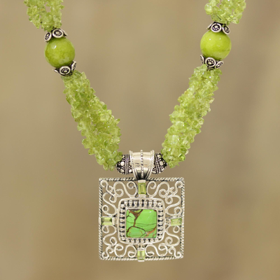 Peridot beaded pendant necklace, 'Verdant Square' - Peridot and Composite Turquoise Beaded Pendant Necklace