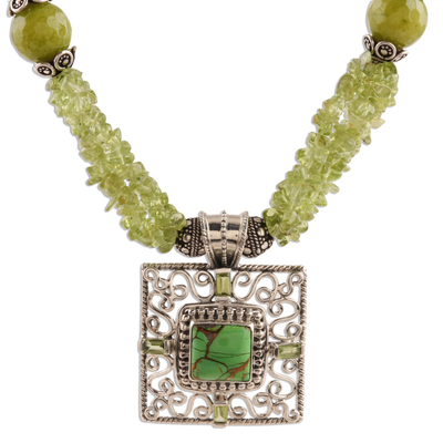 Peridot beaded pendant necklace, 'Verdant Square' - Peridot and Composite Turquoise Beaded Pendant Necklace
