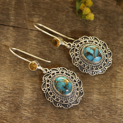 Citrine and composite turquoise dangle earrings, 'Royal Complement' - Citrine and Composite Turquoise Dangle Earrings from India