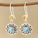 Citrine dangle earrings, 'Striking Beauty' - Circular Citrine and Composite Turquoise Dangle Earrings