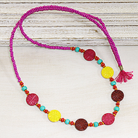 Bone and wood beaded long necklace, 'Colorful Flair' - Colorful Wood Beaded Long Necklace from India