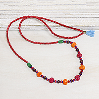 Wood beaded long necklace, 'Boho Rose' - colourful Wood Beaded Long Necklace from India