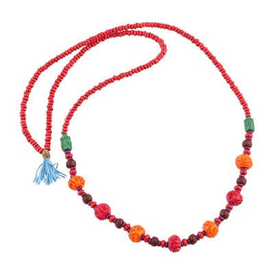 Wood beaded long necklace, 'Boho Rose' - Colorful Wood Beaded Long Necklace from India