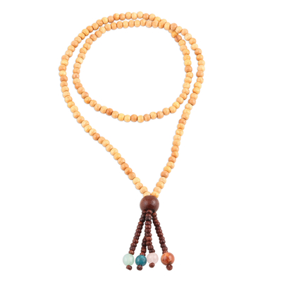 Agate and wood beaded pendant necklace, 'Boho Gems' - colourful Agate and Wood Beaded Pendant Necklace from India