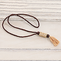 Wood beaded pendant necklace, 'Boho Flair' - Wood Long Beaded Pendant Necklace from India