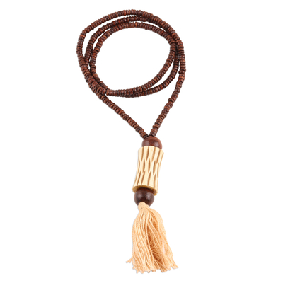 Bone and wood beaded pendant necklace, 'Boho Flair' - Bone and Wood Long Beaded Pendant Necklace from India