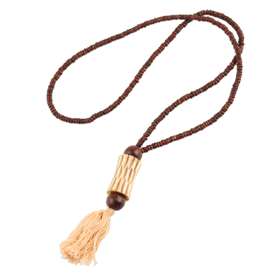 Wood beaded pendant necklace, 'Boho Flair' - Wood Long Beaded Pendant Necklace from India
