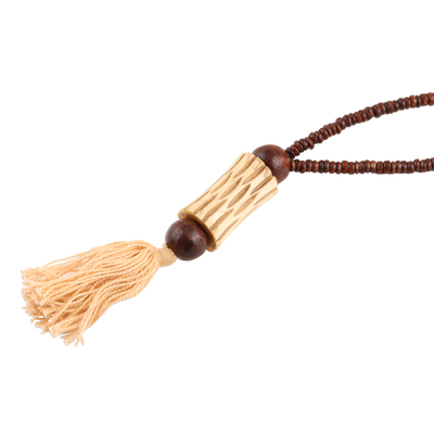 Bone and wood beaded pendant necklace, 'Boho Flair' - Bone and Wood Long Beaded Pendant Necklace from India