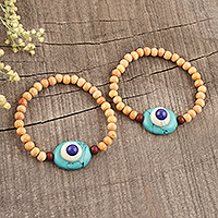 Wood beaded pendant bracelet, 'Sky Eye' - Wood Beaded Pendant Bracelet from India