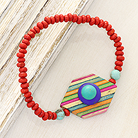 Wood and resin beaded pendant bracelet, 'Colorful Hex' - Colorful Wood and Resin Beaded Pendant Bracelet from India