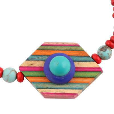 Wood beaded pendant bracelet, 'Colorful Hex' - Colorful Wood Beaded Pendant Bracelet from India